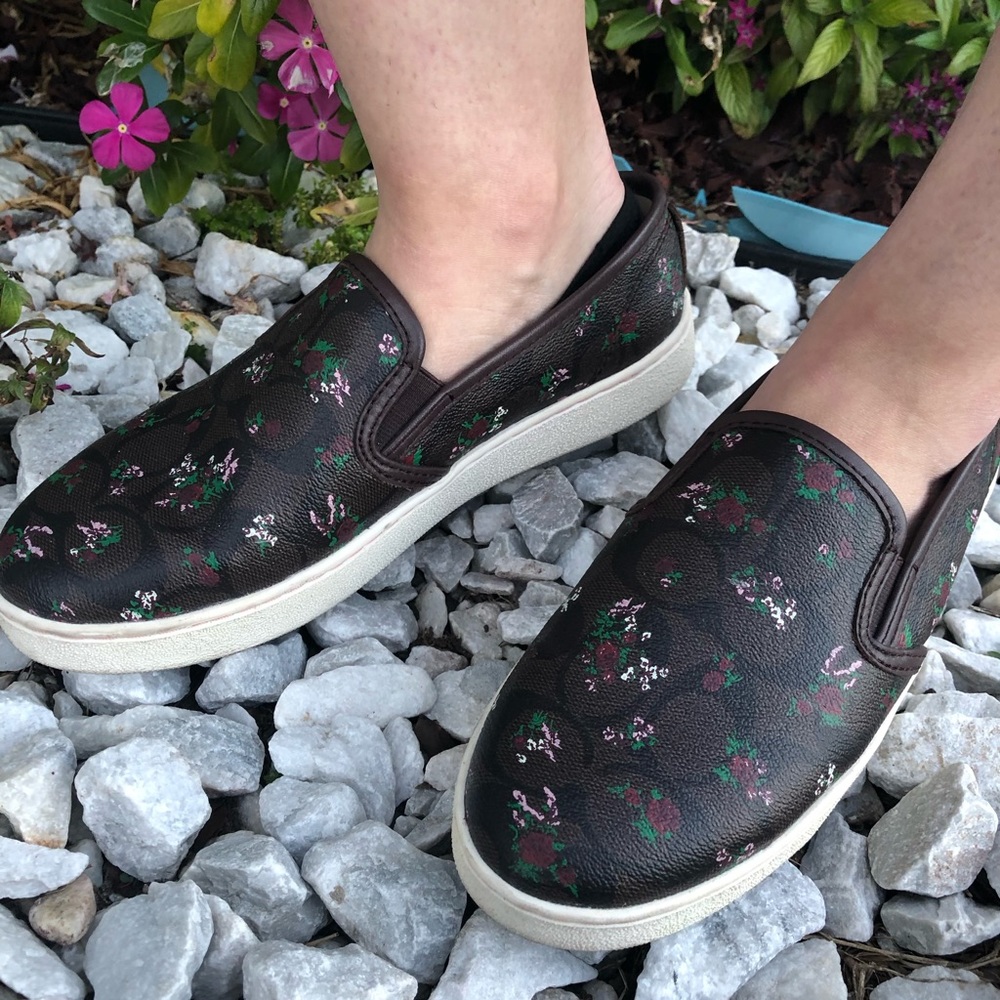 Coach brown slip in sneaker with flowers